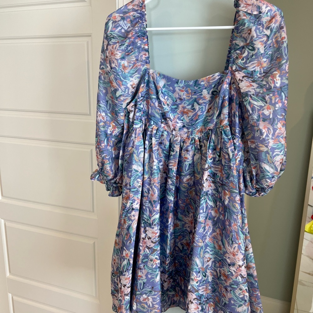 Storia Floral Puff Sleeve Mini Dress in Lavender Blue